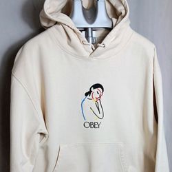 Obey Lady Hoodie – L – Embroidered Graphic Cream Pullover – Streetwear – Sold Out