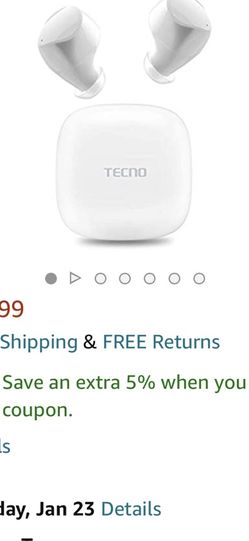 Wireless Earbuds, TECNO H2 Bluetooth 5.0 in-Ear with Real Stereo Sound,Deep Bass Sound, Noise Cancellation and Smart Touch Controls, Waterproof, 30Hou