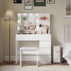 Vanity, Makeup Vanity Desk Set with Mirror & Light, Dressing Table Storage Lots , 3 Lighting Modes with Adjustable Brightness, White with Stool