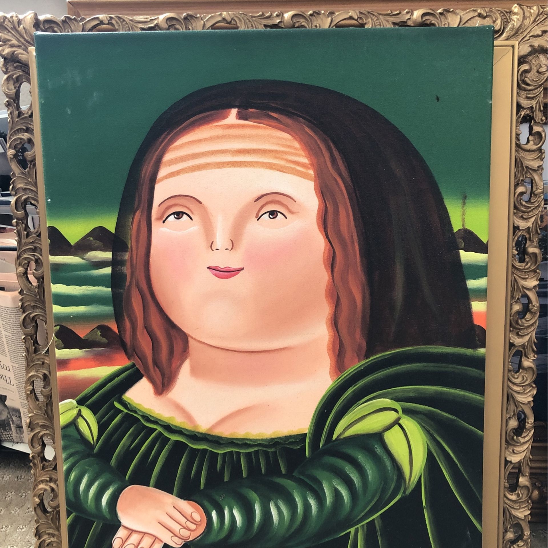 Fat Mona Lisa Painting On Canvas, Gilded Frame Included