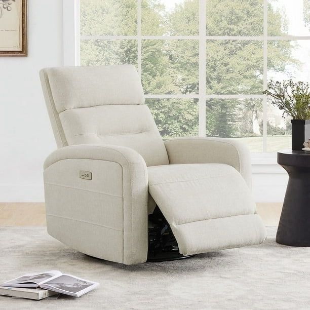 Power Glider Recliner Chair, 270° Swivel Recliner with USB Ports for Nursery, Fabric in Linen