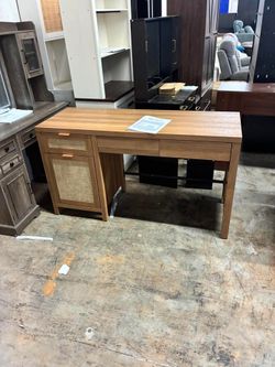 55.12"W Boho Rattan Desk With Adjustable Shelves & Ample Storage