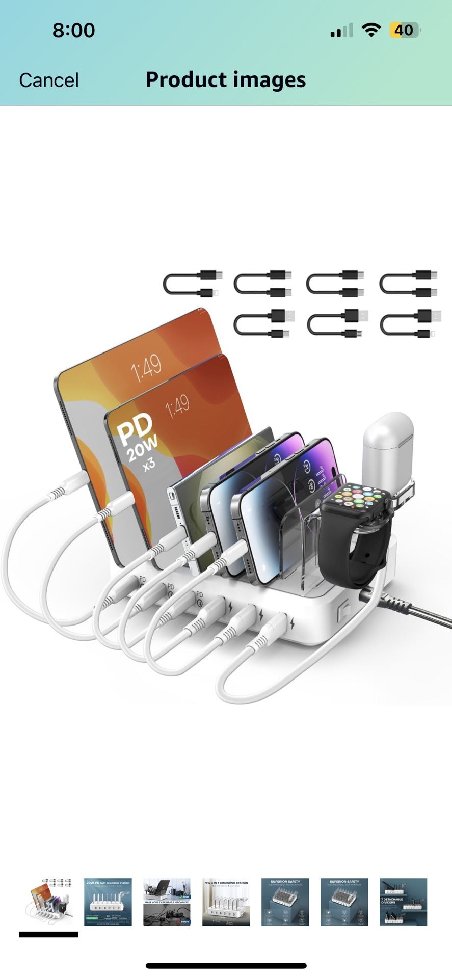Charging Station for Multiple Devices,75W 6 Port Charger Station with 3 PD 20W USB C Fast Charging Ports,7 Charging Cables,USB C Charging Dock for iPh
