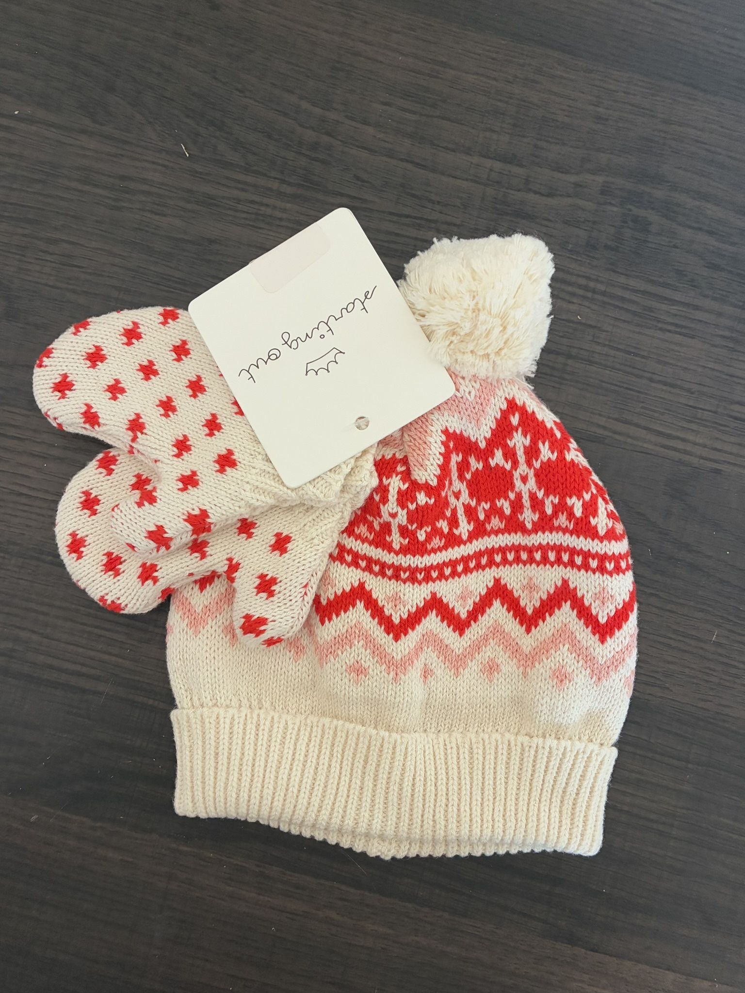 Infant Knit Hat and Mittens by Starting Out Cream Pink And Red 100% Cotton