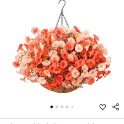 Artificial Fall Flowers Fake Hanging Plants Flowers Basket for Outdoors Autumn Decoration, Silk Morning Glory with Eucalyptus Look Real UV Resistant F