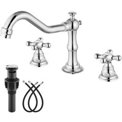 Bathroom Faucet 3 Hole 8 Inch Widespread Bathroom Sink Faucet 2 Cross Handles Vintage Lavatory Vanity Mixer Tap with Pop Up Drain, HOT Cold Label, Pol