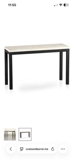 Crate & Barrel travertine stone top console table