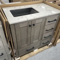 Bathroom vanity cabinet 36” solid mango Quartz top with sink and backsplash