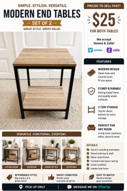 Set of 2 Modern End Tables | Wood & Black Metal | Great Condition | $25
