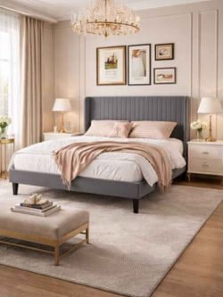 Full bed Velvet Bed Frame, Tufted Wingback Headboard, Black
47'' Modern Vertical Channel Headboard, Upholstered Platform Bed, Wood Slats, No Box Sprin