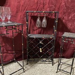 Vintage Metal bamboo look wine rack & 2 nesting tables