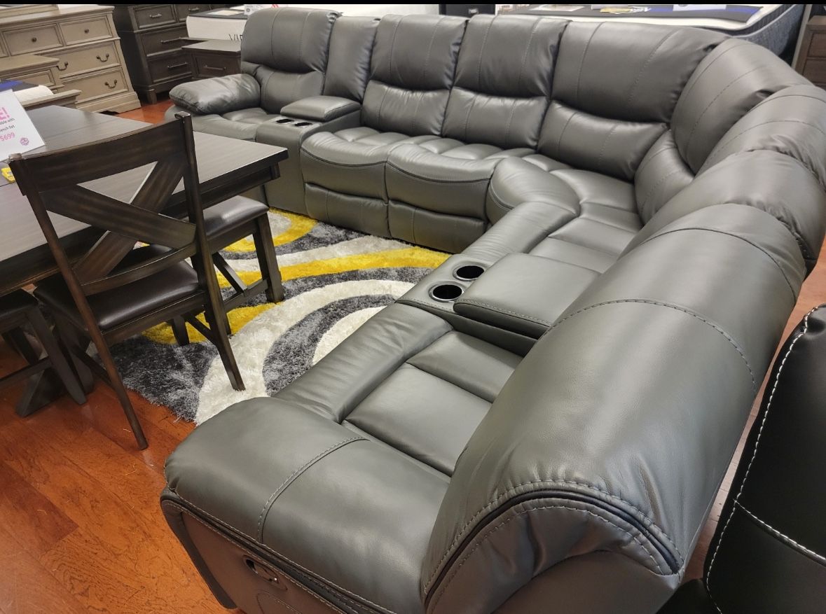 Madrid, grey leather reclining sectional now only $1399. Easy finance option. Same day delivery.