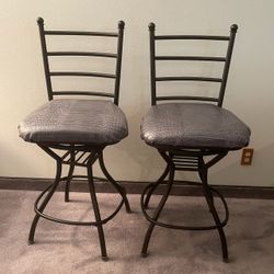Two Wrought Iron Ladder-Back Frame Bar Stools with Swivel Seats