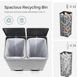 Trash Can, 2 x 8 Gallon (2 x 30 L) Garbage Can for Kitchen, with 15 Trash Bags, 2 Compartments, Plastic Inner Buckets and Hinged Lids, Air