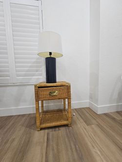 Vintage Woven Rattan Nightstand, Campaign Style Wicker Bedside Table, Brass Bird Hardware, Coastal Boho Side Table, 1 Drawer Shelf