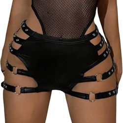 BLACK LARGE Buckle Cut Out Side Low Waisted Mini Shorts Skinny Hot Pants Rave Booty Shorts