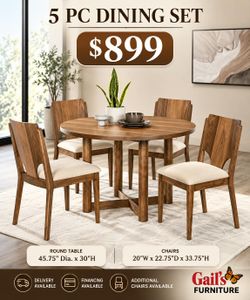 5-Piece Round Dining Set – Walnut & Beige – $899