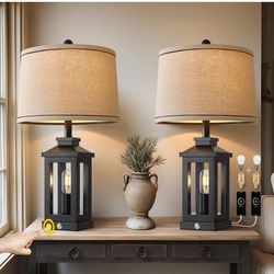 75" Retro Farmhouse Black Table Lamp for Living Room Bedroom Nightstand Set of 2 Touch Control Bedside Nightlight Vintage Modern Lamp with USB C+A Por