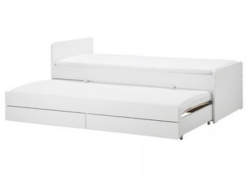 SLÄKT Bed frame w/pull-out bed + storage, white, Twin