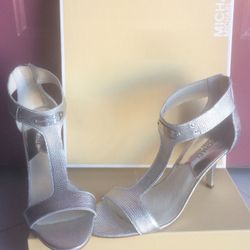New- Michael Kors Silver Metallic Leather Open Toe Heels/Brand Name/Zipper Heel - Size 8M- Originally $109