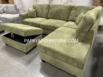 New Vintage Green Sectional Sofa And Chaise Set Free Storage Ottoman Fabric Ashley Jerome Mathis Style Discount Furniture Couch Sale Many Colors DEAL