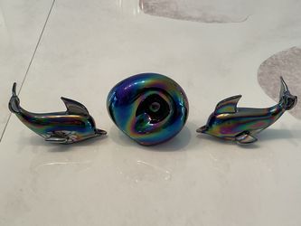 Iridescent Oblong Paperweight & 2 Glass Dolphin Figurines