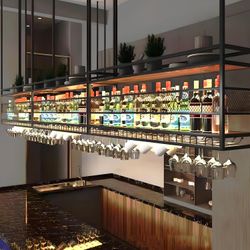 New | 47.2" Ceiling Hanging Wine Glass Rack with 2-Tier Wooden Shelves & Glass Holder