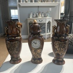 Vintage 3-piece Decorative Vase & Clock Set Brown/gold