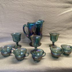 Indiana Glass Iridescent Blue Carnival Harvest Grape, Pitcher, Goblets, Cups And Talk Candy Dish