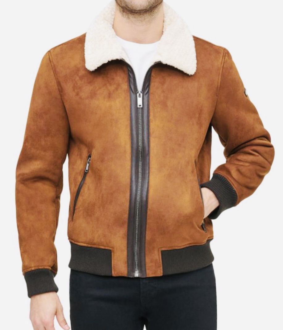 Chamarra De Hombre DKNY Men's Shearling Bomber Jacket with Faux Fur Collar, Brown, XXL