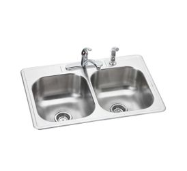 Dayton Stainless Steel 33" x 22" x 8-1/16", 4-Hole Equal Double Bowl Drop-in Sink and Faucet Kit