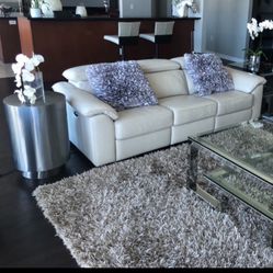 Modern Couch With 2 Motorized Recliners  Off White  Excellent Condition   Metal Platinum round end table 18” dia x 26h 900.00 (Johnston casuals furnit