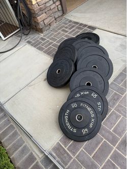 340 LBS of Bumper Plates/ Olympic 45 Bar & Trap Bar with stand