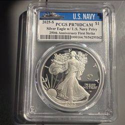 2025-S American Silver Eagle Navy Privy 250th Anniv PR70DCAM FS PCGS Navy Label
