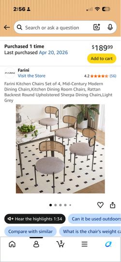 Light Grey Mid Century Modern Rattan back Dining Kitchen Chairs - Set of 4