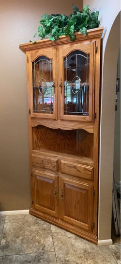 Oak Corner Cabinet with Glass Doors