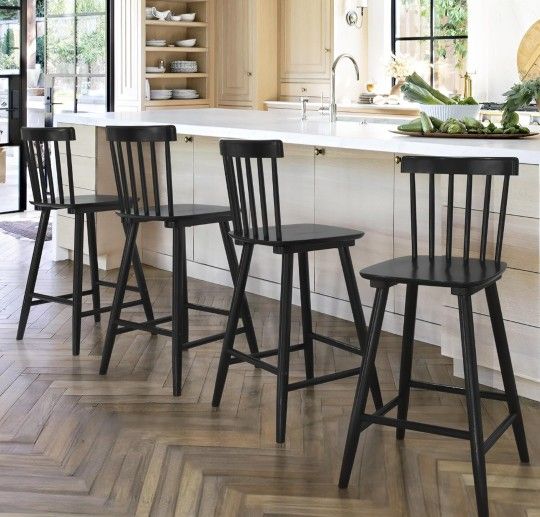 Wooden Bar Stools Set of 4 for Kitchen Island, Farmhouse 24 Inch Counter Height Stools Chairs with Spindle Back, Black