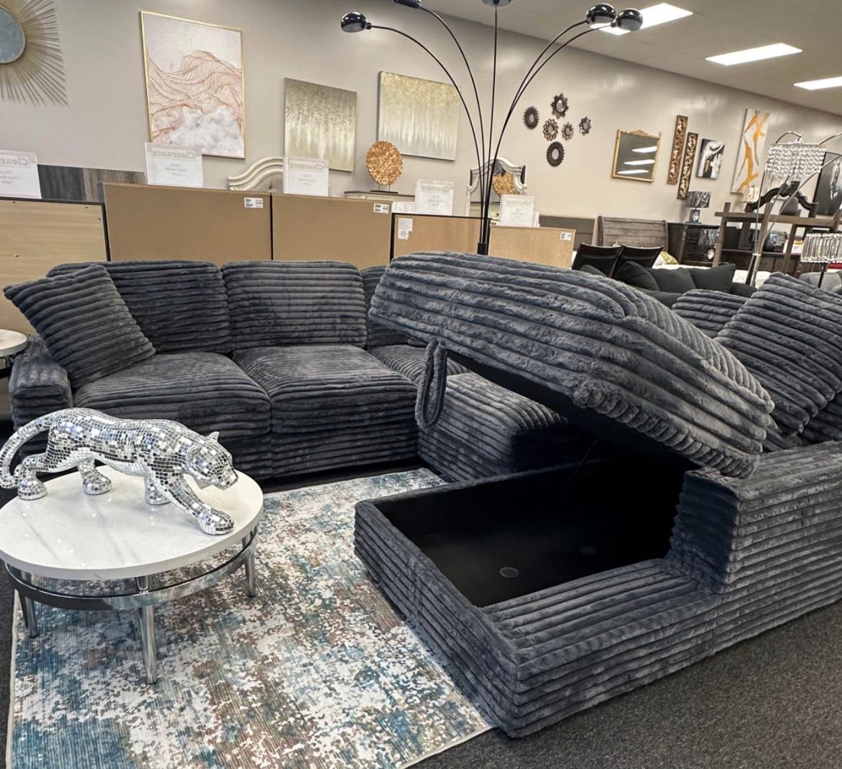 NEW IN  BOX - Dark GreySectional With Accent Pillows and STORAGE CHAISE** Finance Available $54 down