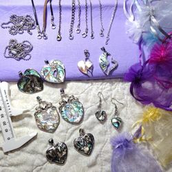 Abalone Shell Silver Pendant Necklace Earrings Heart With gift bag