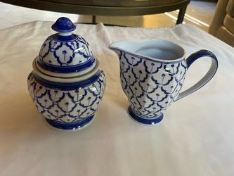 vintage Thai Blue & White Porcelain Creamer & Sugar Bowl Set