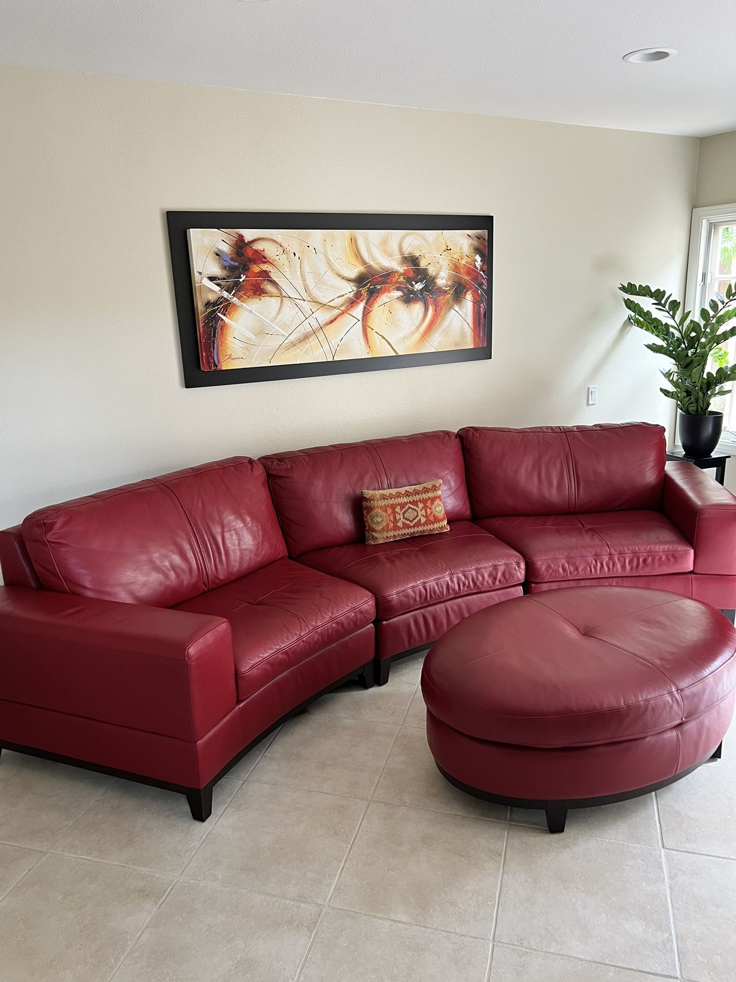 Red Leather Curved Couch + Ottoman