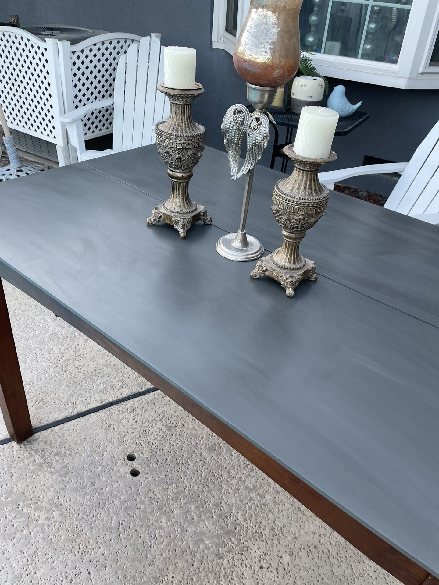 Dinning Pub table solid cherry wood / rustic cement color top wood table with extended leaf made in Malaysia. No chairs - 54 inches wide / 36 inches d