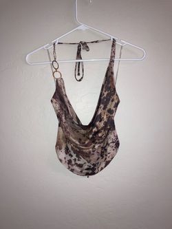Animal Print Halter Bodysuit with Gold Ring Detailu