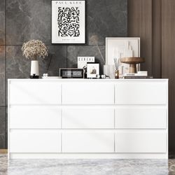 9 Drawer Dresser for Bedroom with Deep Drawers, Large Floor Wood Dressers & Chest of Drawers Handle Free, Modern White Long Dressers for Closet Living