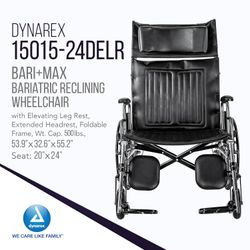 NEW - Dynarex Bari+Max Bariatric Reclining Wheelchair with Elevating Leg Rest, Extended Headrest, Foldable Frame - 24" Seat, 500 Pounds Weight Capacit