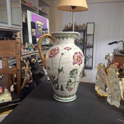 Vintage Large Portmeirion Botanic Garden Pitcher Vase W/Gold Finish Handle Chrysanthemum Motif 13"H X 9"W  SEE DESCRIPTION