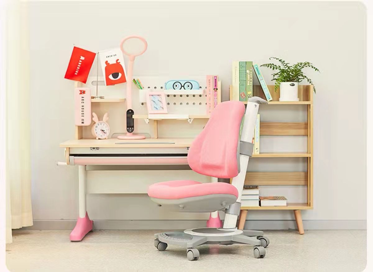 Desk Only Kids Study Desk Drafting Table Ergonomic Multi Function Adjustable Child Table Computer Station with Book Shelf, Drawer and Hutch (Pink）
