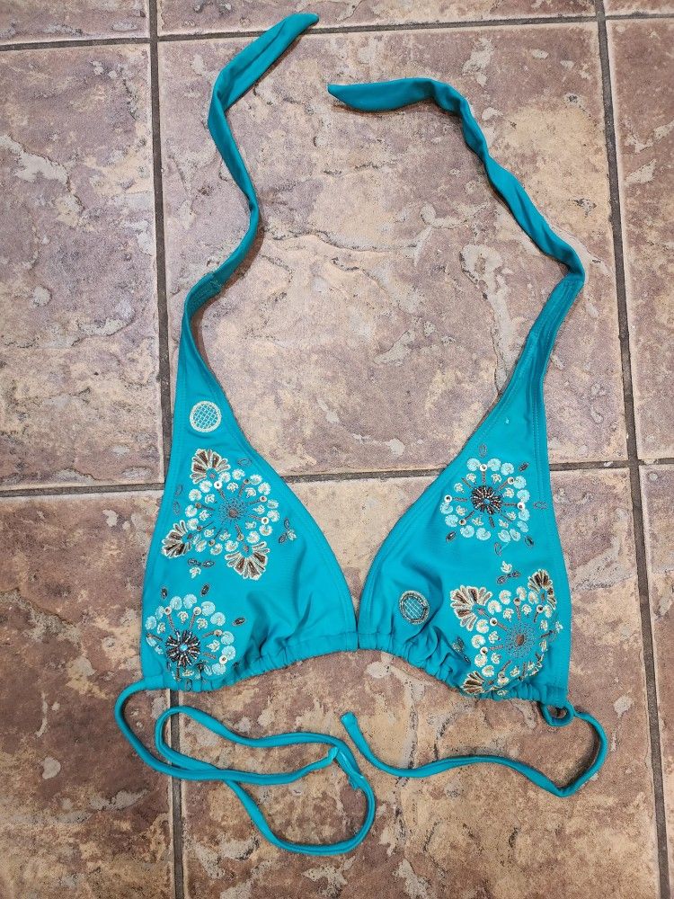 Teal Beaded Triangle Bikini Top Size Large