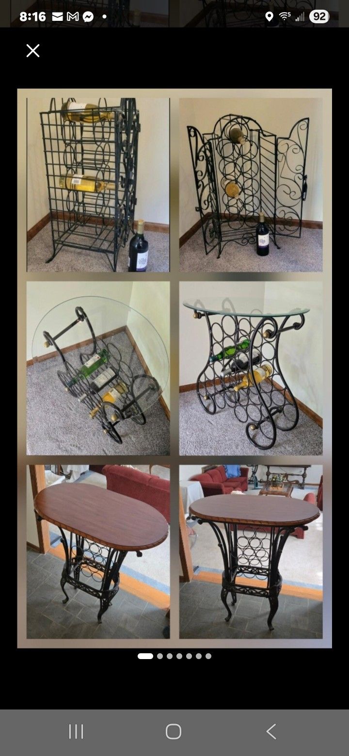 🍾🍷🍺 TALL Bar Pub Table $139, Glass Top Table w/Beverage Rack $135, Wrought Iron Wine Rack $55.