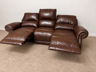 Brown Leather Reclining Sofa with Nailhead Trim